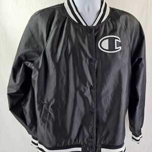 Vintage Style Champion Varsity Bomber Snap Button Jacket Sz XL Black White Trim
